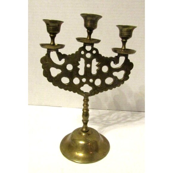 Antique Brass Judea Sabbath Double Dragon 3 Candle Candelabra Solid Brass Etched - Picture 2 of 7